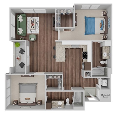 Floor plan for 2 beds, 2 baths, 1125 sqft