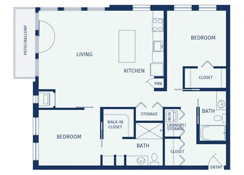 Floor plan for 2 beds, 2 baths, 1075 sqft