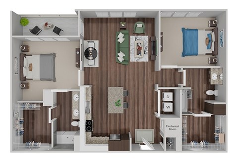 Floor plan for 2 beds, 2 baths, 1261 sqft