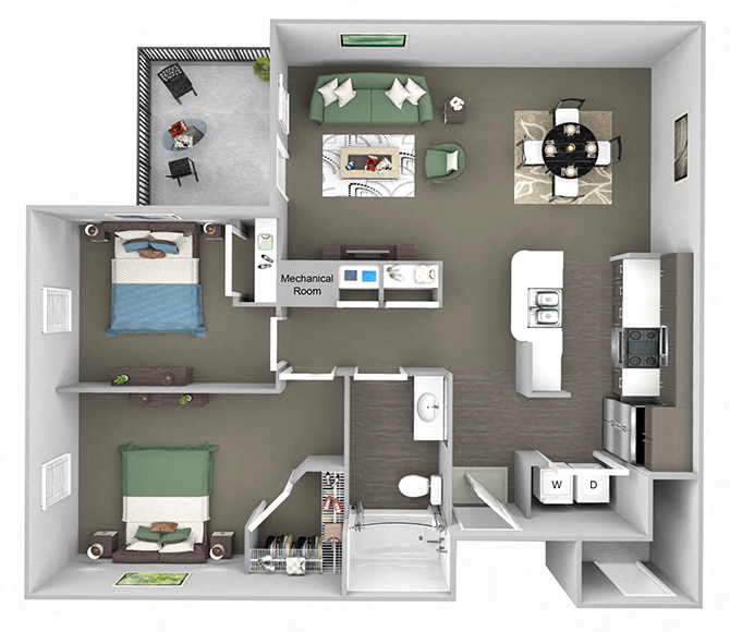 Floor plan for 2 beds, 1 bath, 983 sqft