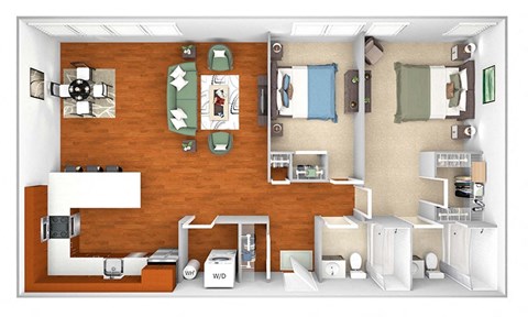 Floor plan for 2 beds, 2 baths, 953 sqft