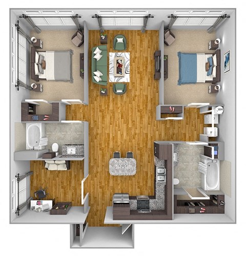 Floor plan for 2 beds, 2 baths, 1342 sqft