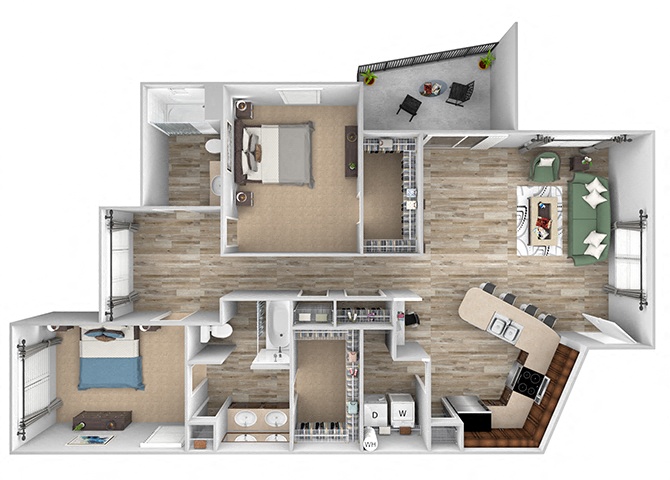 Floor plan for 2 beds, 2 baths, 1366 sqft