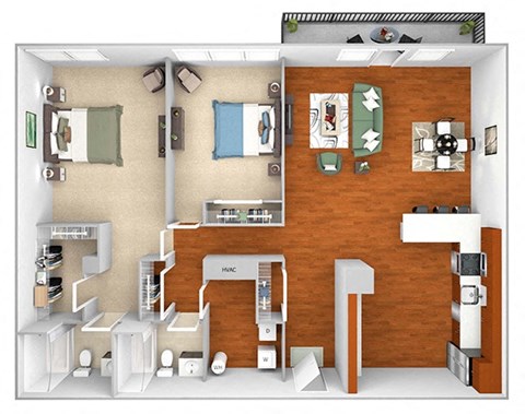 Floor plan for 2 beds, 2 baths, 1617 sqft