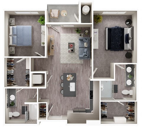 Floor plan for 2 beds, 2 baths, 977 sqft
