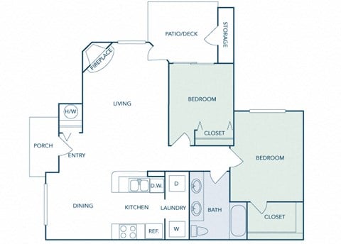 Floor plan for 2 beds, 1 bath, 898 sqft