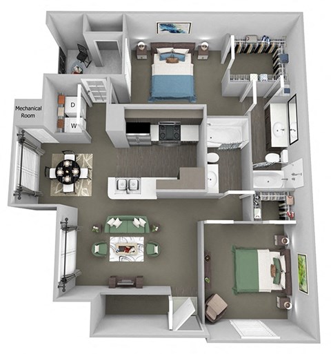 Floor plan for 2 beds, 2 baths, 1007 sqft