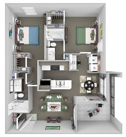 Floor plan for 2 beds, 2 baths, 1040 sqft