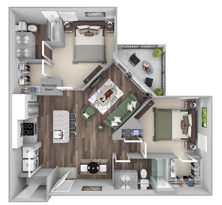 Floor plan for 2 beds, 2 baths, 1126 sqft