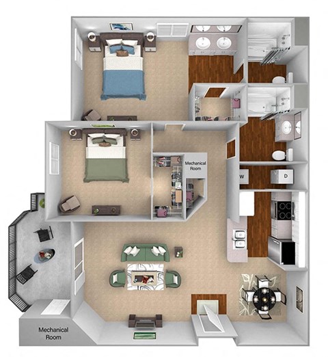 Floor plan for 2 beds, 2 baths, 1136 sqft