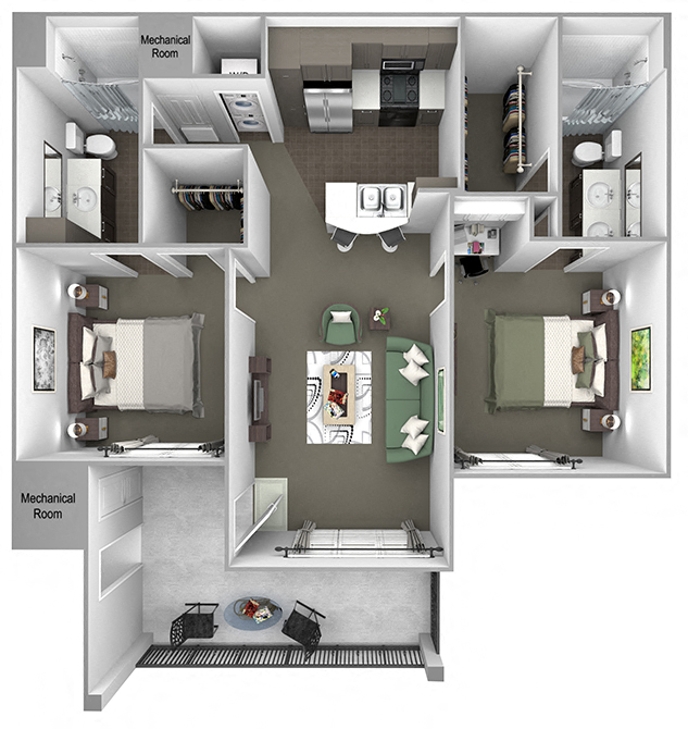 Floor plan for 2 beds, 2 baths, 1000 sqft