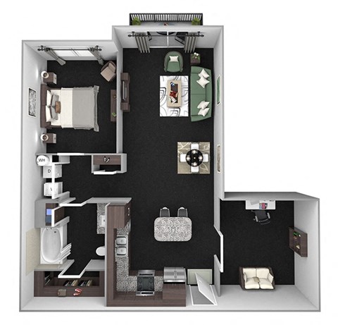 Floor plan for 1 bed, 1 bath, 977 sqft