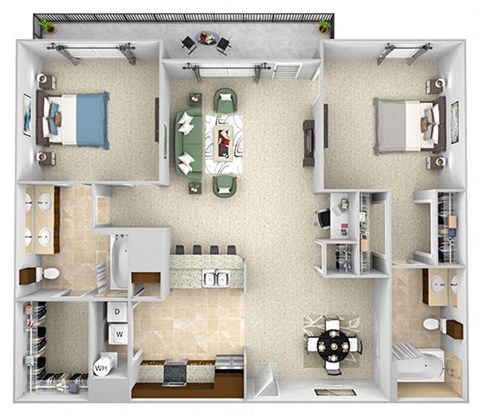 Floor plan for 2 beds, 2 baths, 1025 sqft