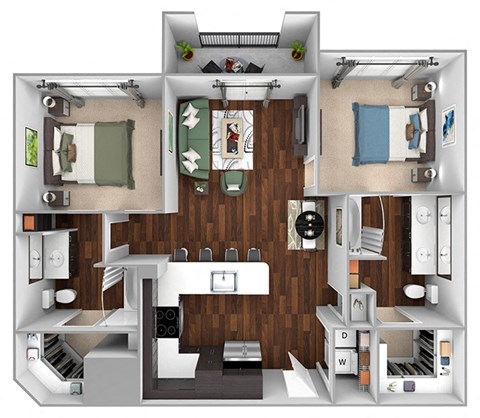 Floor plan for 2 beds, 2 baths, 970 sqft