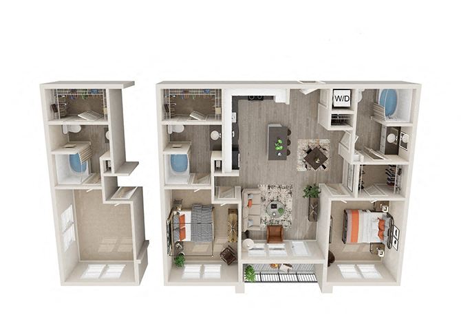 Floor plan for 2 beds, 2 baths, 1163 sqft