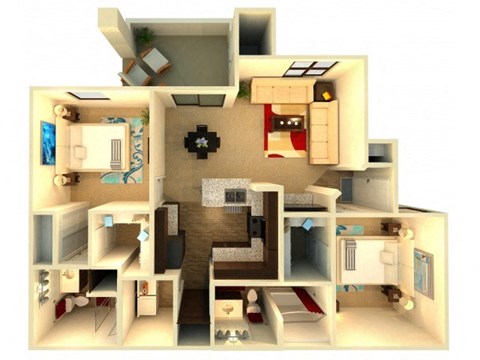Floor plan for 2 beds, 2 baths, 1077 sqft