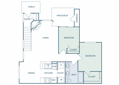 Floor plan for 2 beds, 1 bath, 959 sqft