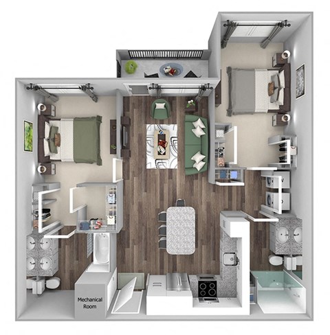 Floor plan for 2 beds, 2 baths, 1140 sqft