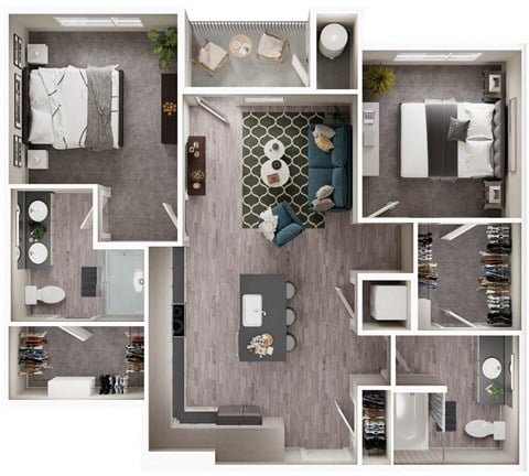 Floor plan for 2 beds, 2 baths, 1034 sqft