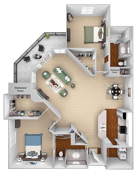 Floor plan for 2 beds, 2 baths, 1240 sqft