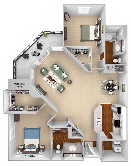 Floor plan for 2 beds, 2 baths, 1240 sqft