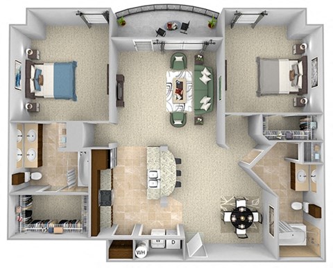 Floor plan for 2 beds, 2 baths, 1102 sqft