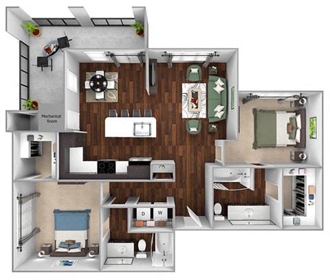 Floor plan for 2 beds, 2 baths, 1098 sqft