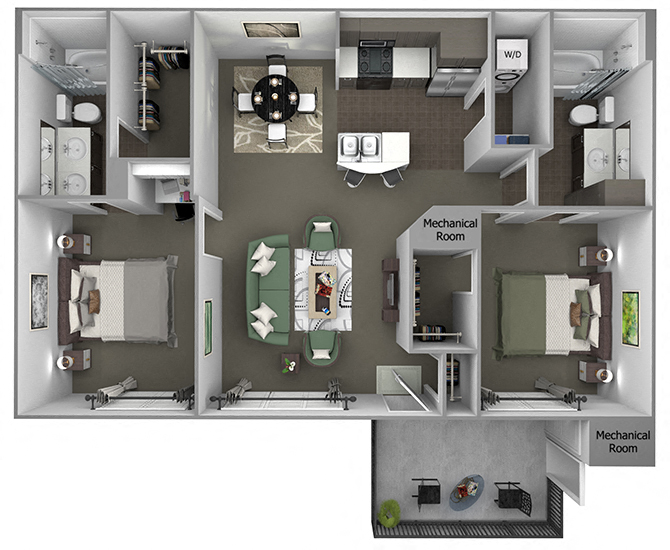 Floor plan for 2 beds, 2 baths, 1134 sqft