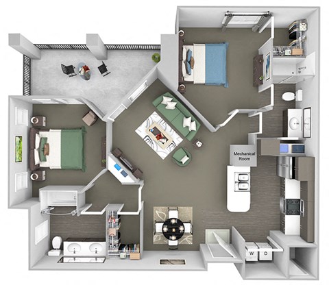 Floor plan for 2 beds, 2 baths, 1195 sqft
