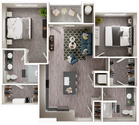 Floor plan for 2 beds, 2 baths, 1034 sqft