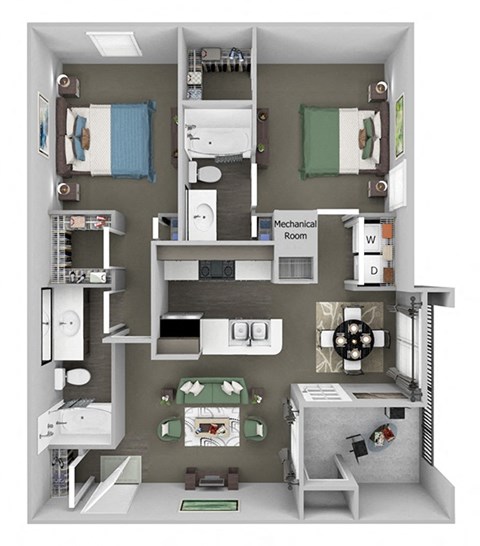 Floor plan for 2 beds, 2 baths, 1031 sqft