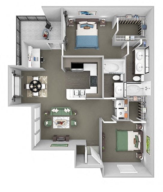 Floor plan for 2 beds, 2 baths, 1096 sqft