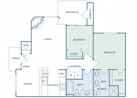 Floor plan for 2 beds, 2 baths, 990 sqft