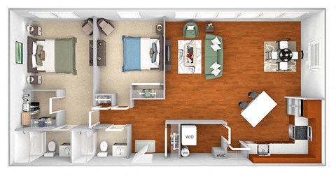 Floor plan for 2 beds, 2 baths, 1195 sqft