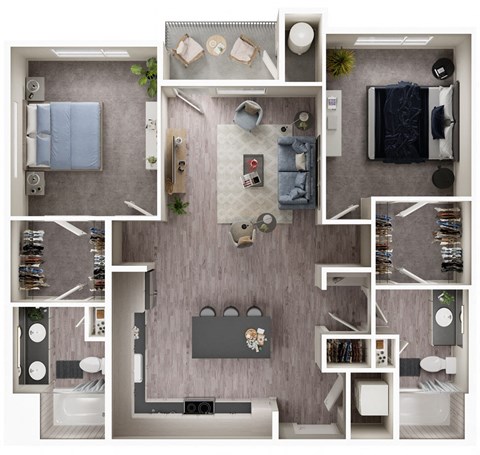 Floor plan for 2 beds, 2 baths, 1111 sqft