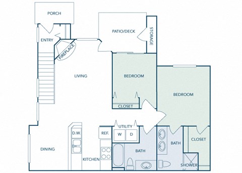 Floor plan for 2 beds, 2 baths, 1050 sqft