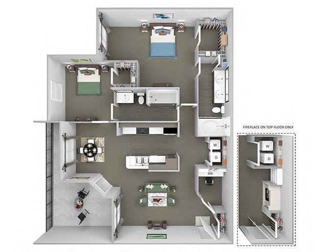Floor plan for 2 beds, 2 baths, 1099 sqft