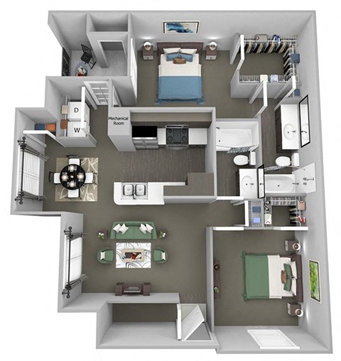 Floor plan for 2 beds, 2 baths, 1110 sqft