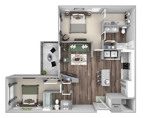 Floor plan for 2 beds, 2 baths, 1155 sqft