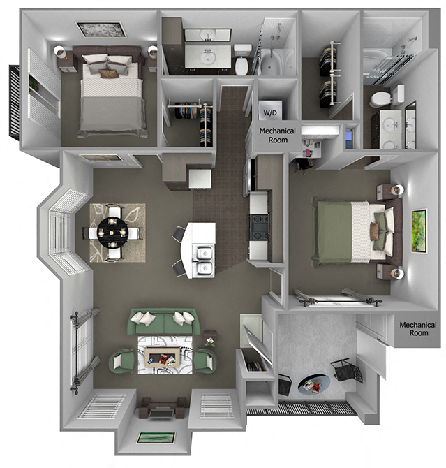 Floor plan for 2 beds, 2 baths, 1182 sqft