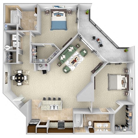 Floor plan for 2 beds, 2 baths, 1198 sqft