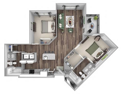 Floor plan for 2 beds, 2 baths, 1163 sqft