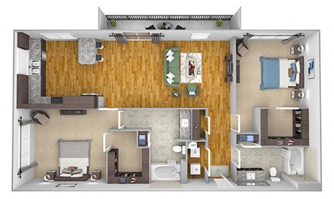 Floor plan for 2 beds, 2 baths, 1256 sqft