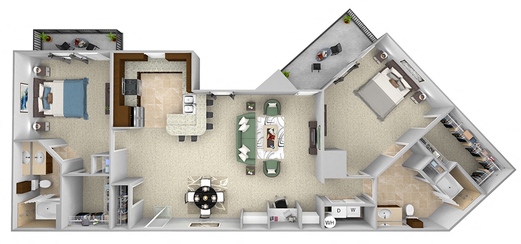 Floor plan for 2 beds, 2 baths, 1298 sqft