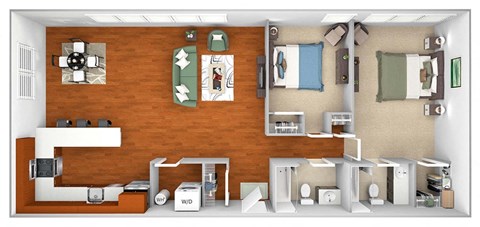 Floor plan for 2 beds, 2 baths, 1233 sqft