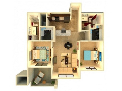 Floor plan for 2 beds, 2 baths, 1072 sqft