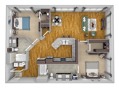 Floor plan for 2 beds, 2 baths, 1272 sqft