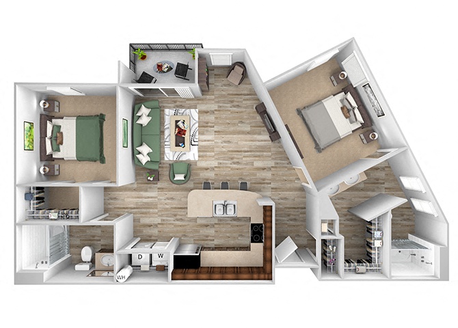 Floor plan for 2 beds, 2 baths, 1070 sqft