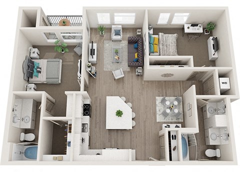 Floor plan for 2 beds, 2 baths, 1249 sqft