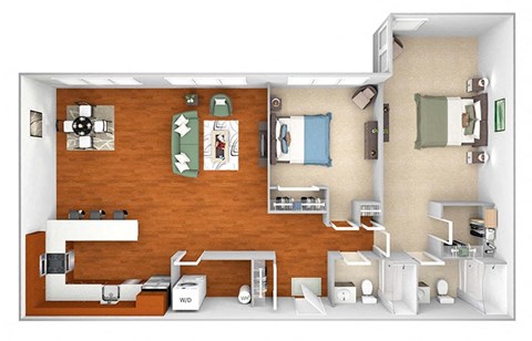 Floor plan for 2 beds, 2 baths, 1252 sqft